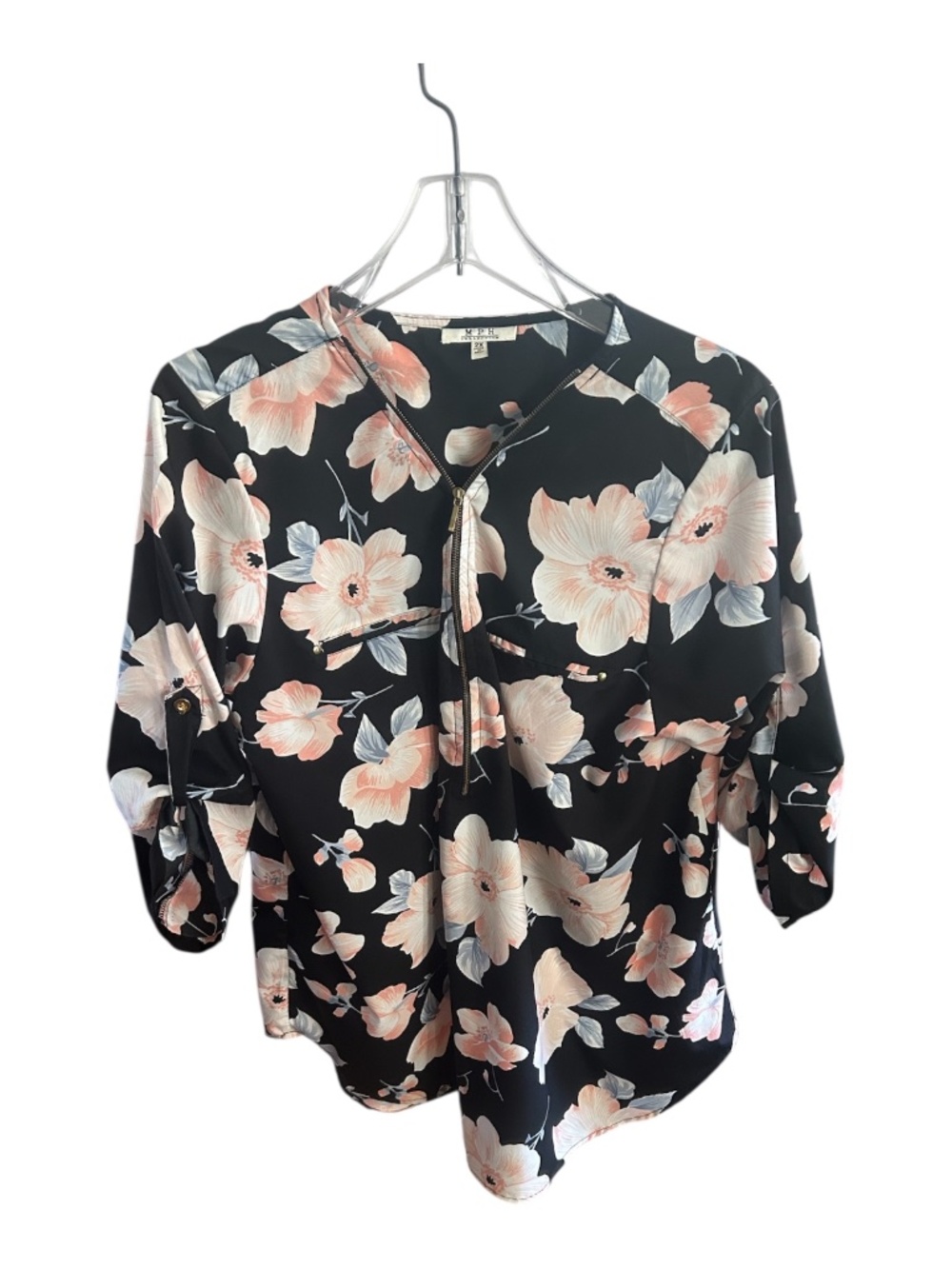 MPH Collection Black Floral Blouse (3/4 Sleeve Length)-Size 2x